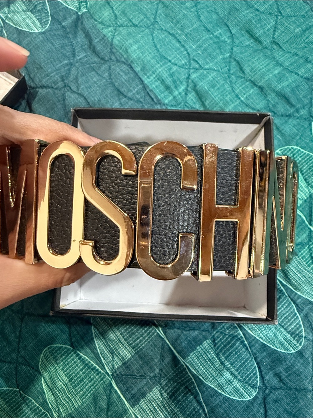 Moschino Black Leather Belt with Gold Logo Hardware